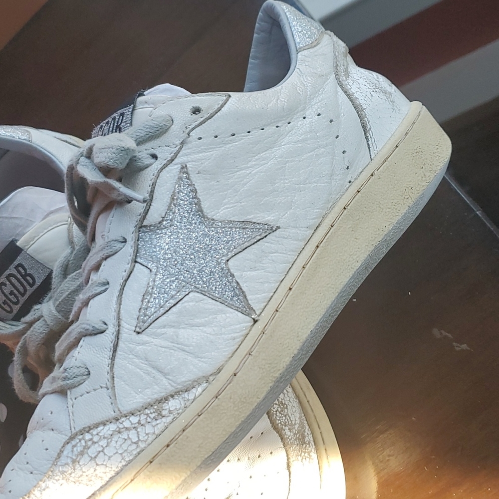 GOLDEN GOOSE distressed white and silver ballstar sneakers. Size womans 7